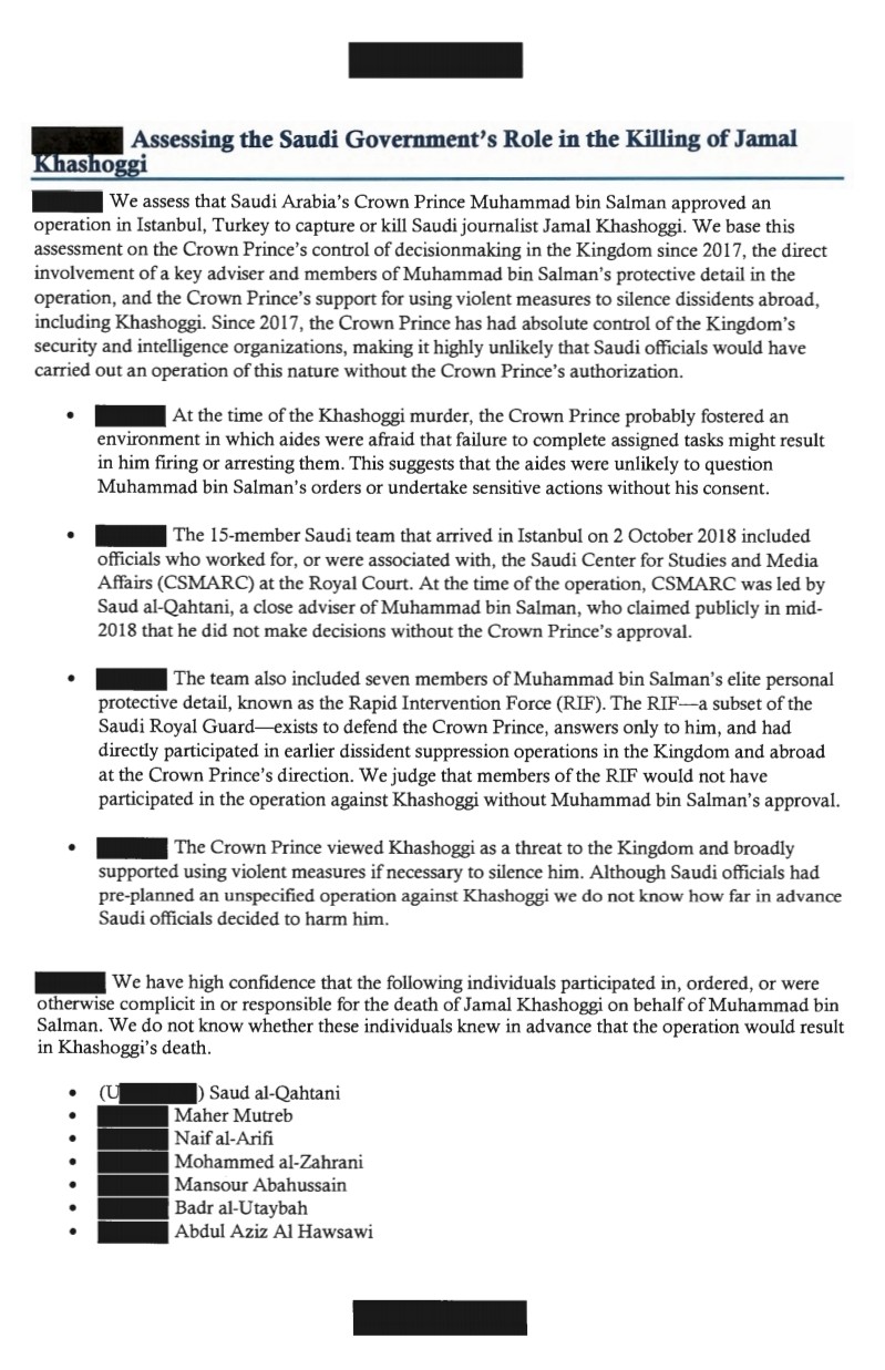 إضاءات  نص تقرير المخابرات الأميركية حول جريمة قتل خاشقجي  