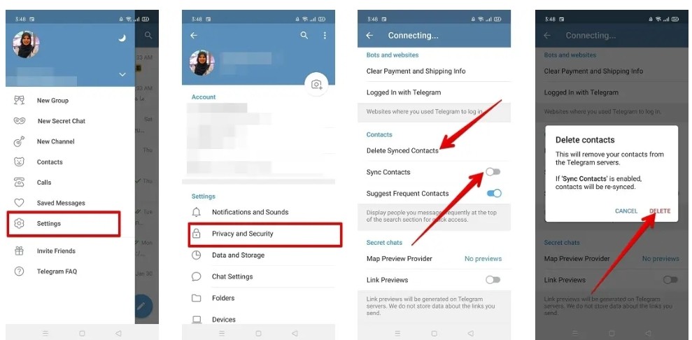 كيفية إيقاف مشاركة جهات الاتصال مع تطبيق تيليجرام في أندرويد:
