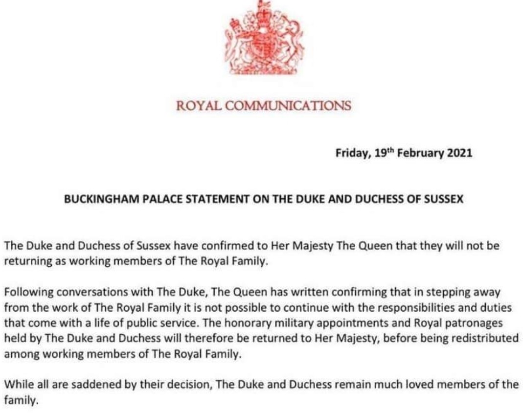 الأمير هاري وزوجته ميغان لن يعودا عضوين عاملين في العائلة الملكية البريطانية